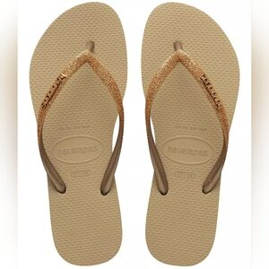 Havaianas Women's Slim Glitter Flip Flops - Tan/Gold Size 37 (8)